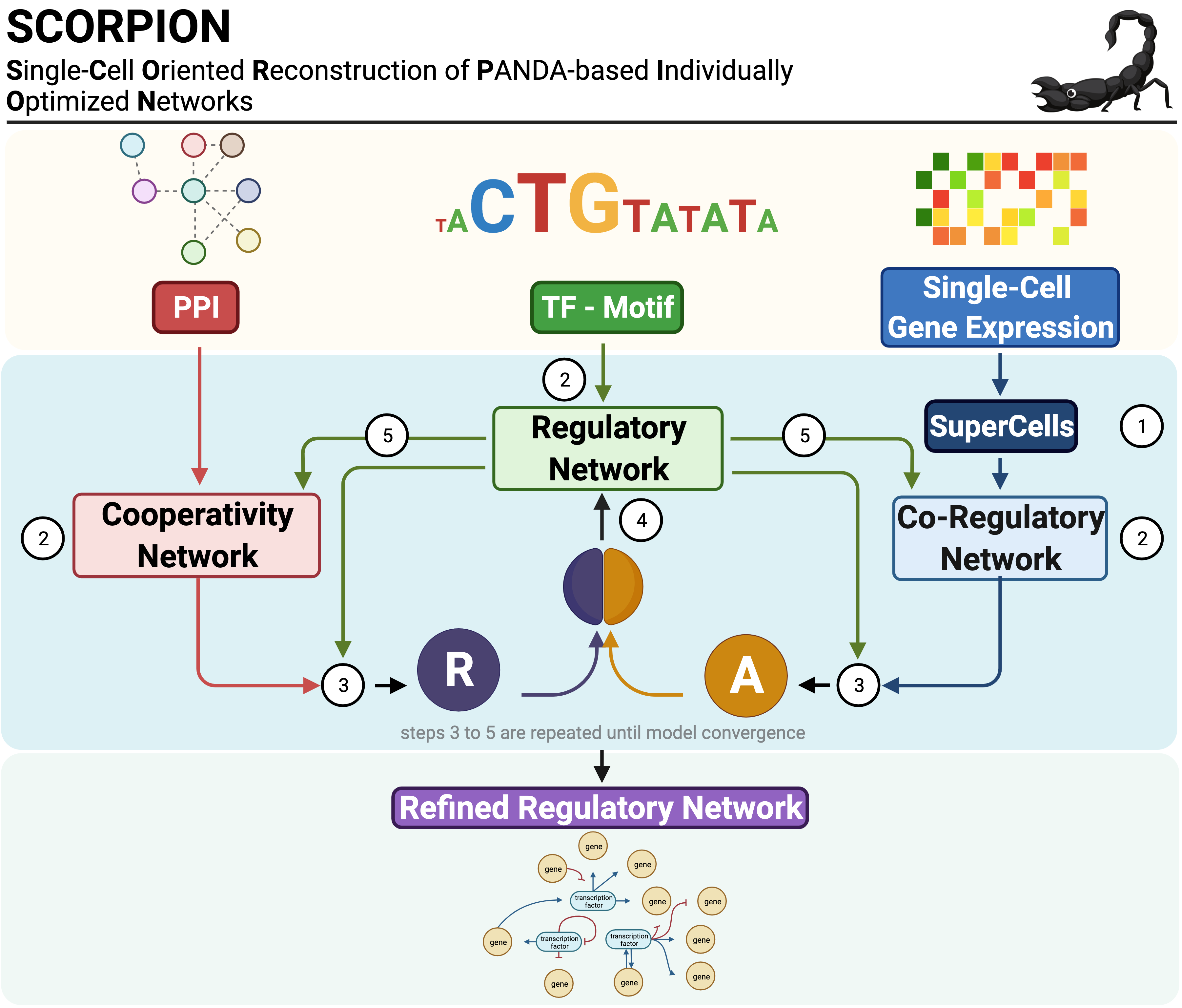 SCORPION method overview showing the PANDA message-passing algorithm for gene regulatory network inference