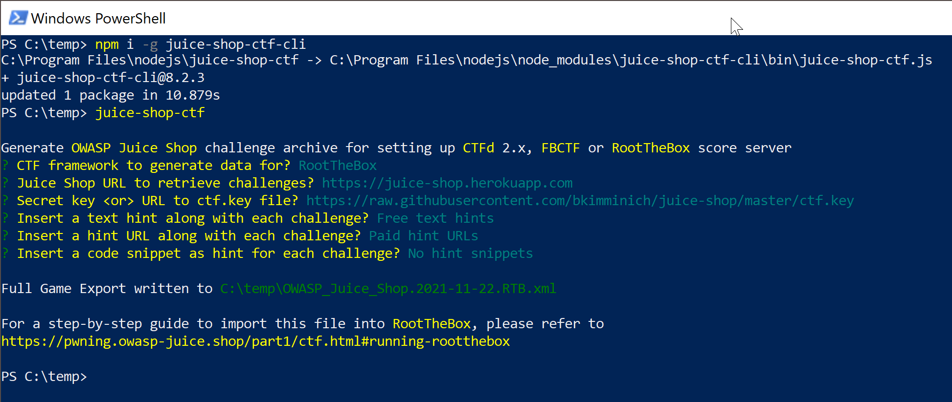 Screenshot of juice-shop-ctf-cli in Powershell