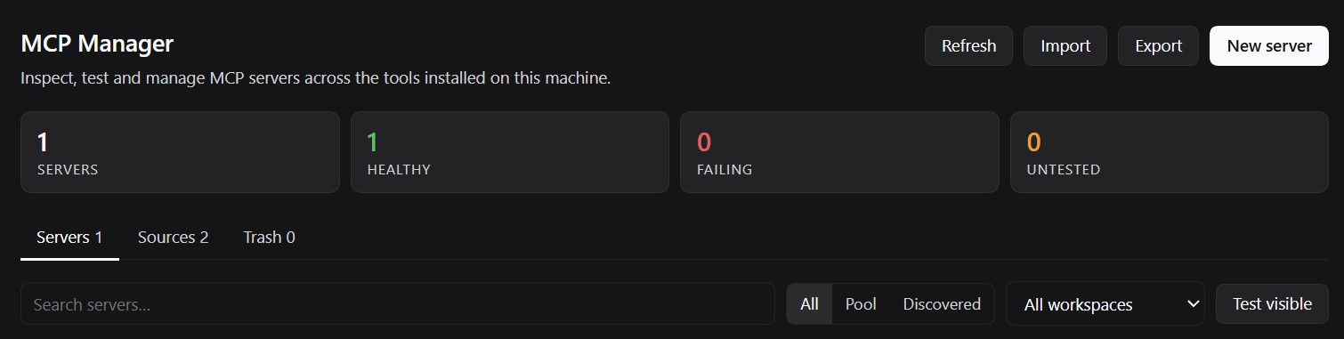 The MCP Manager settings page in the dark theme