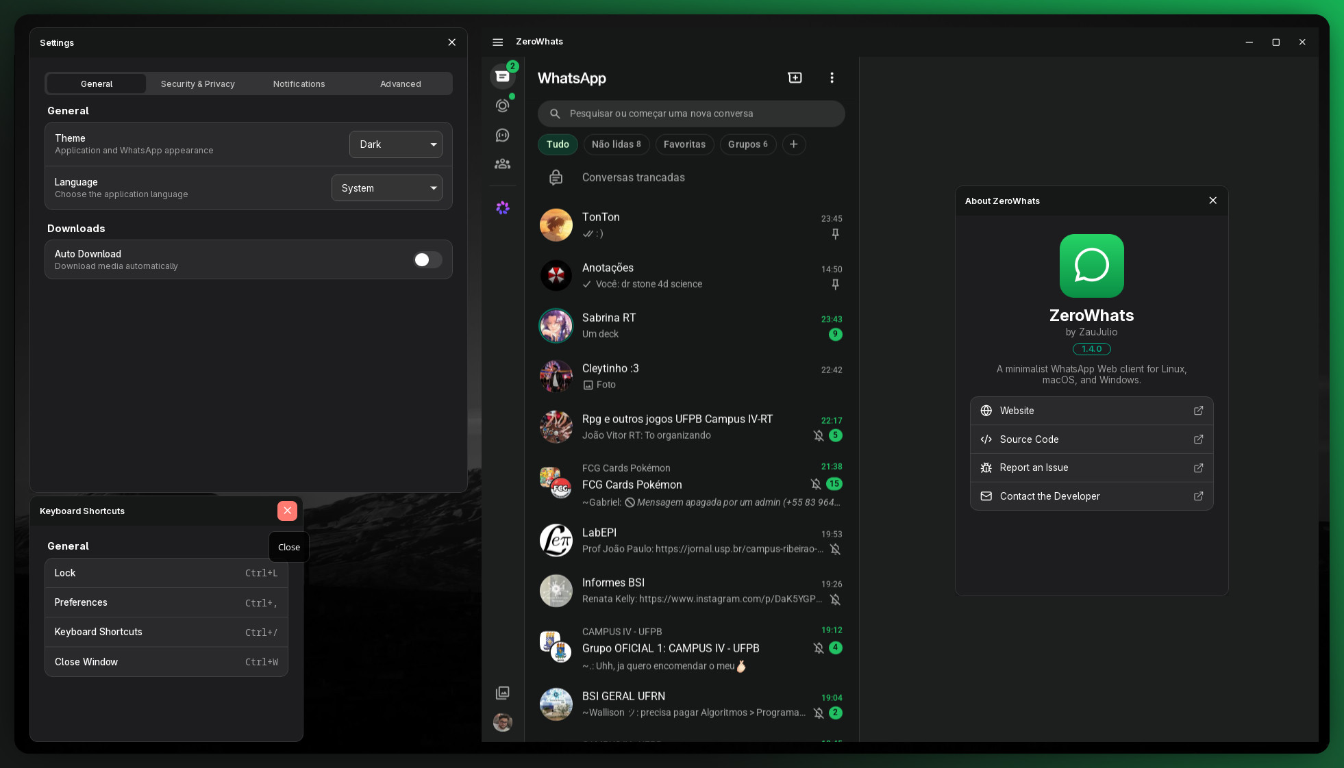 Janela principal do ZeroWhats — WhatsApp Web com a barra de título injetada, e as janelas Settings, About e Keyboard Shortcuts abertas ao lado