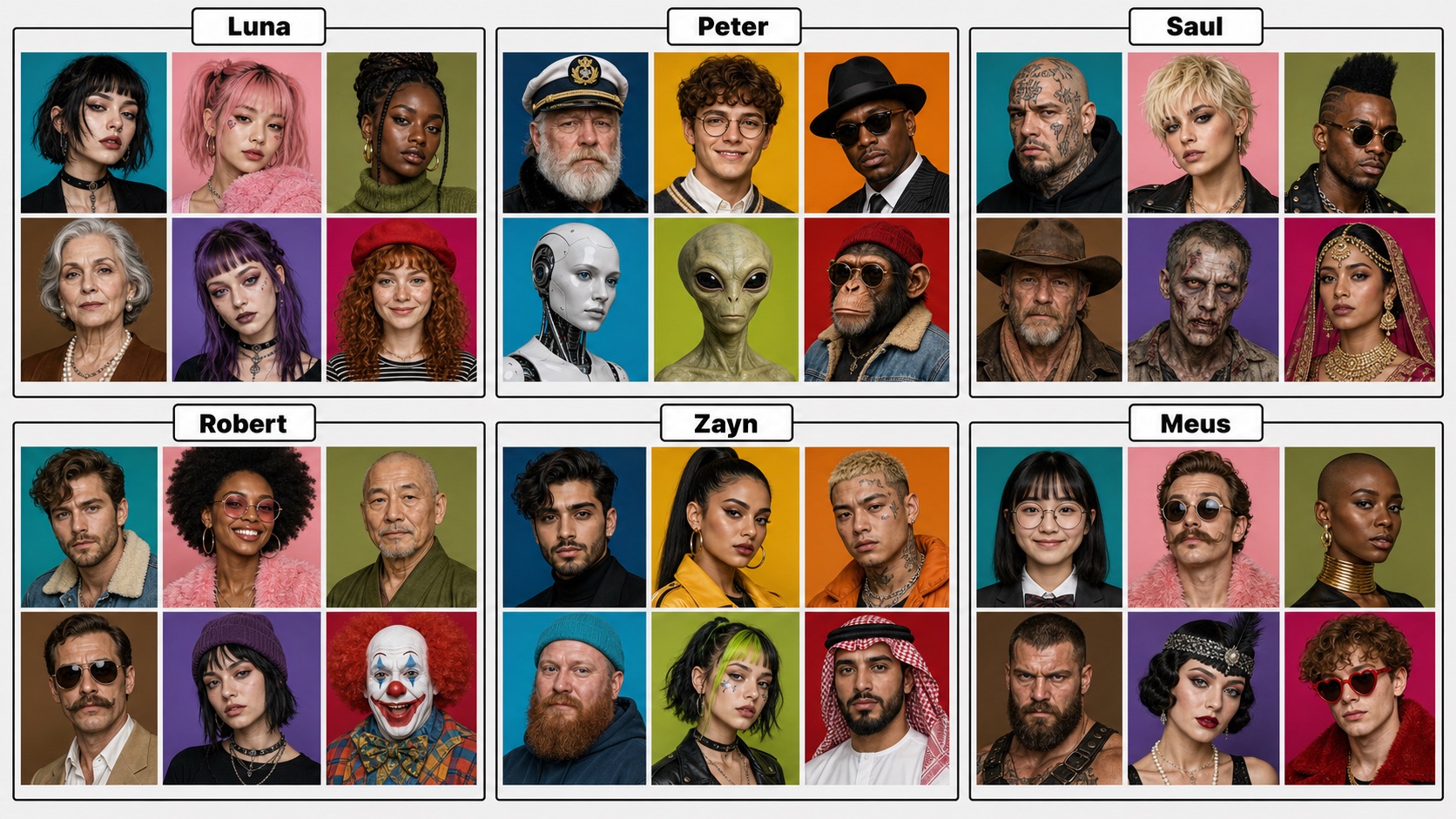 Photorealistic six-panel avatar contact sheet