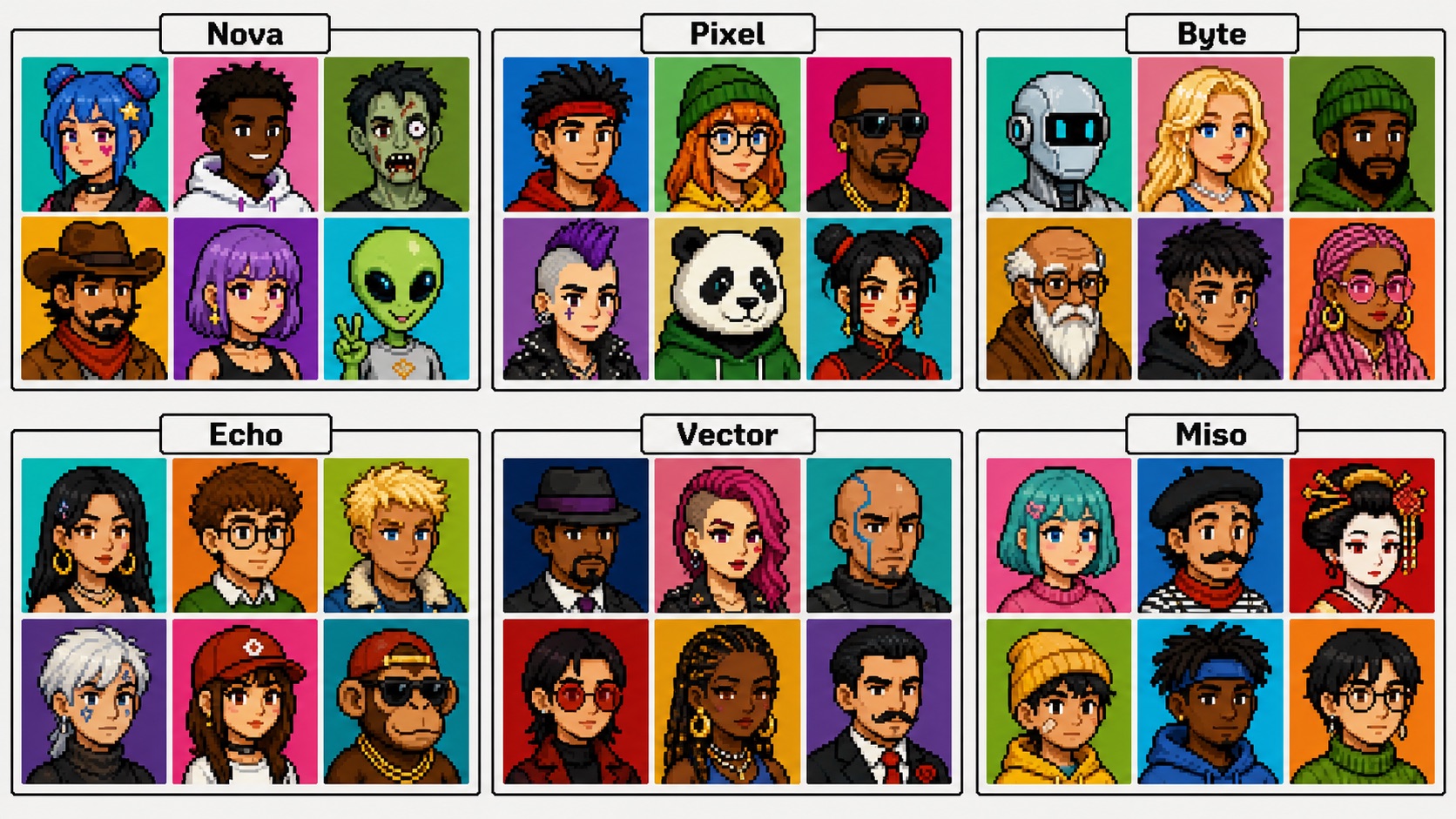 Pixel-art six-panel avatar contact sheet