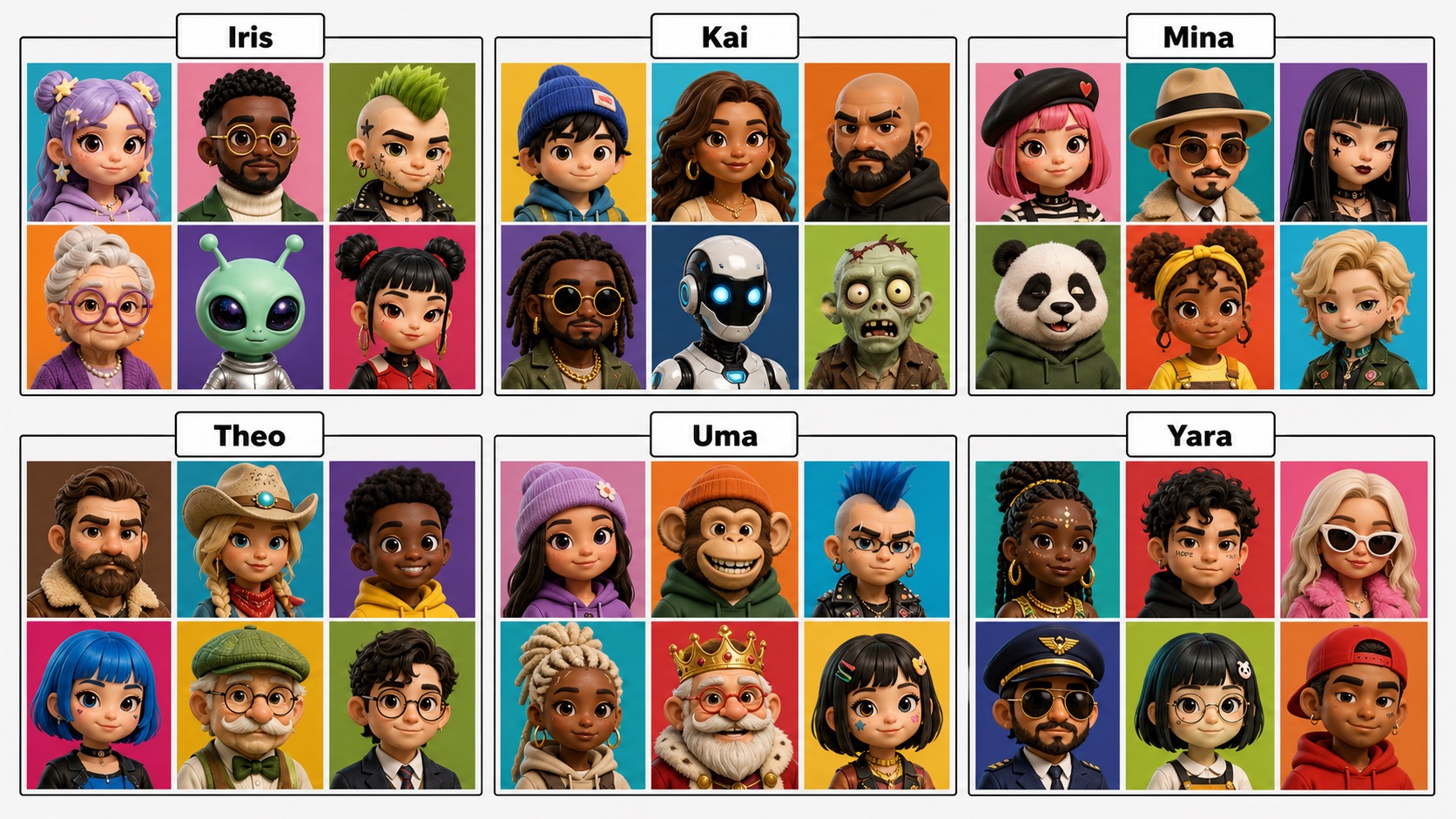 3D toy collectible six-panel avatar contact sheet