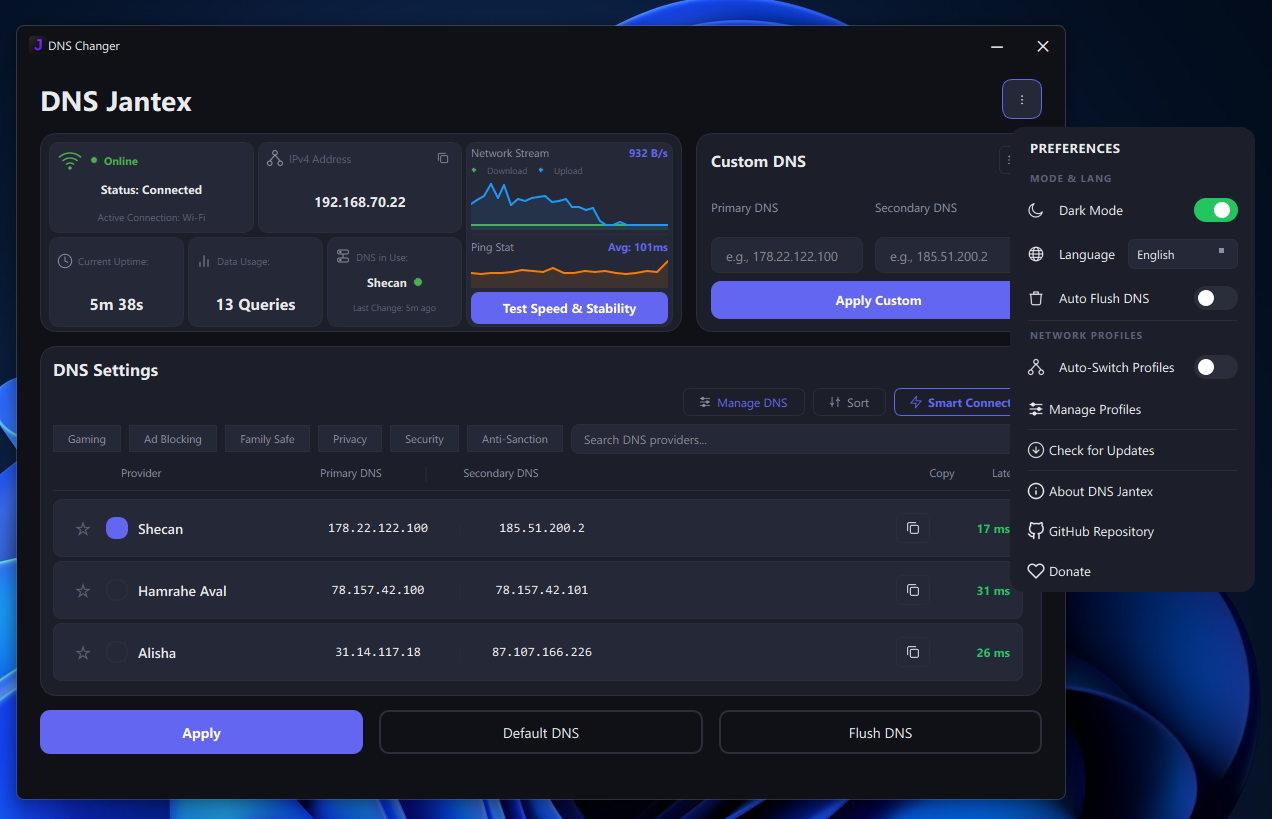 JANTEX DNS Changer dark mode screenshot