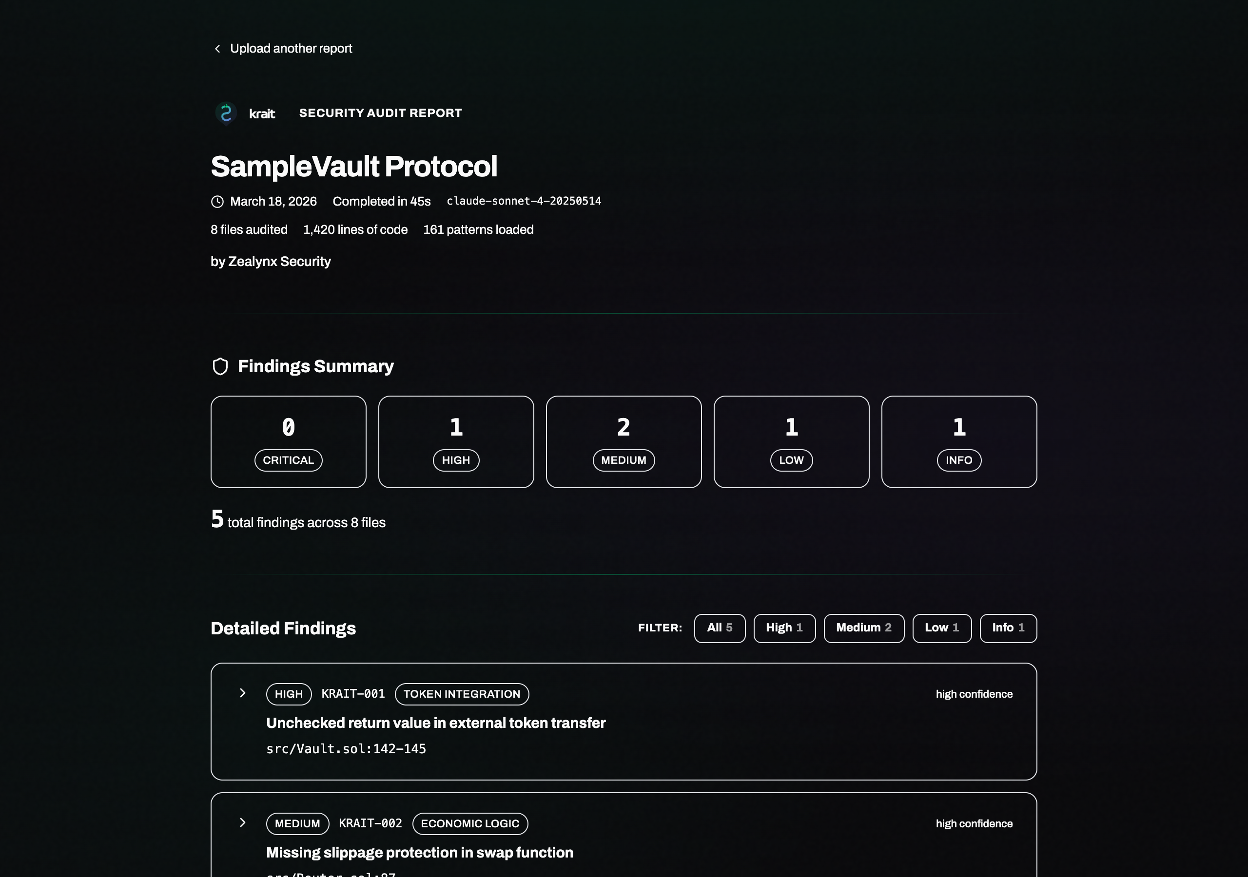 Krait report viewer showing findings with severity, file locations, and exploit traces