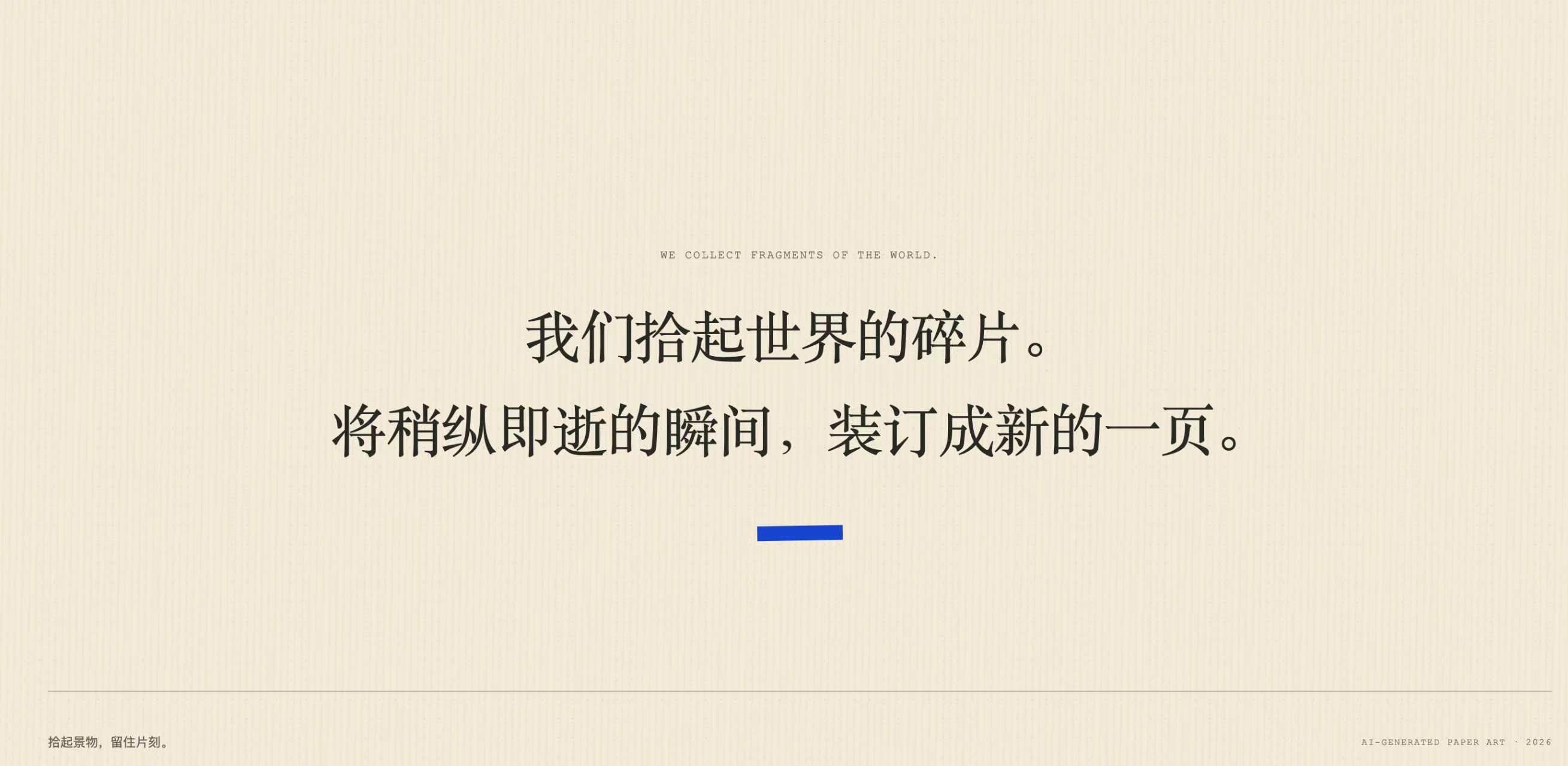 크림색 종이 배경 중앙에 세계의 조각을 새로운 페이지로 묶는다는 제작 방향을 중국어 문장으로 배치한 브랜드 화면이다.