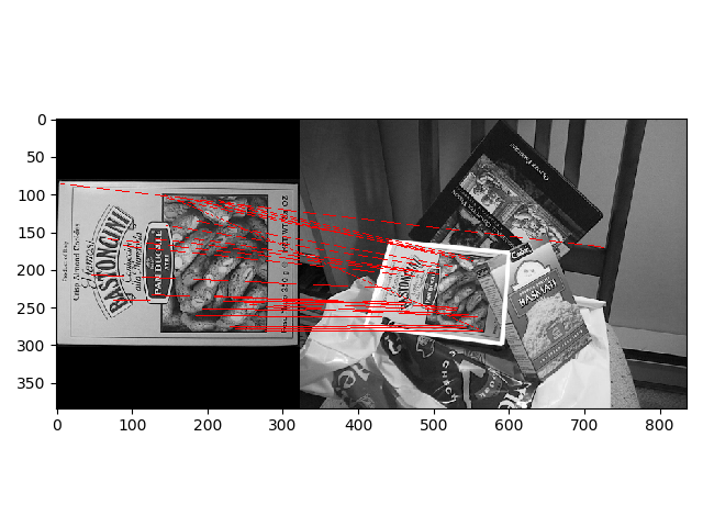 Output plot of template_matching_demo.py, showing the detected template along with keypoint matches. the detected template along with keypoint matches.