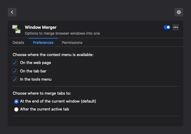 Screenshot: the extension’s configuration screen, again. The colours have changed to match Firefox’s dark mode.