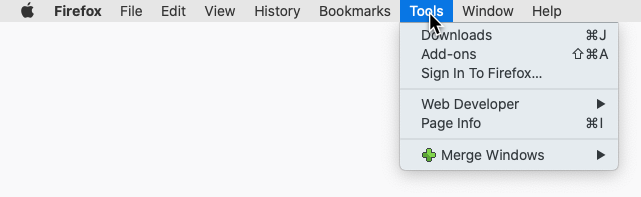 Screenshot: Firefox’s Tools menu opened on macOS shows the Window Merger item.