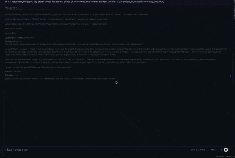 runbox in Hermes Desktop: the agent tests a file, fixes it in the box, and the editor follows