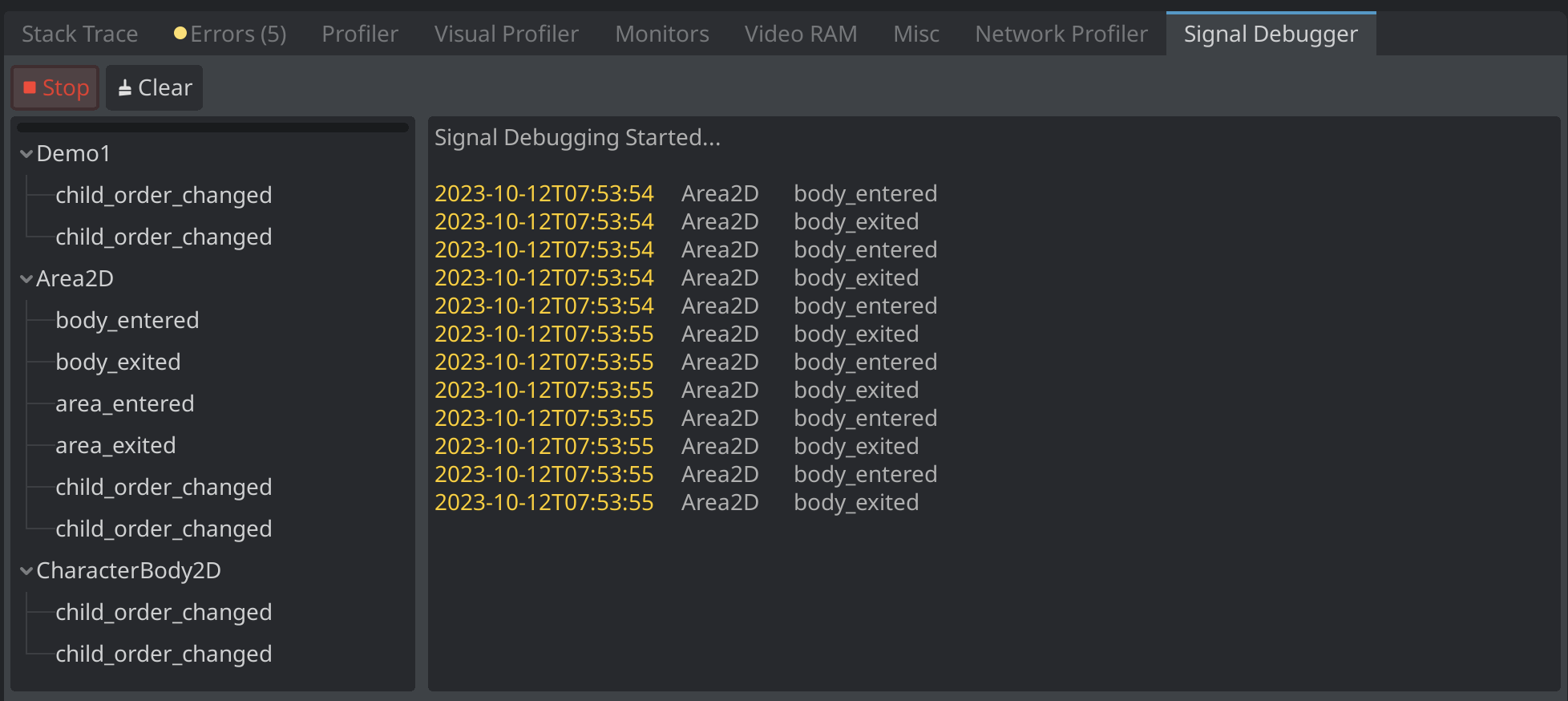 Signal Debugger Panel with Data