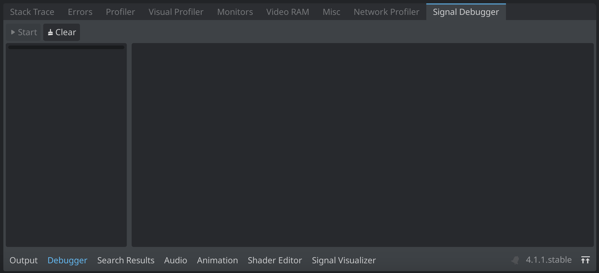 Godot 4.x bottom dock displaying Signal Debugger panel