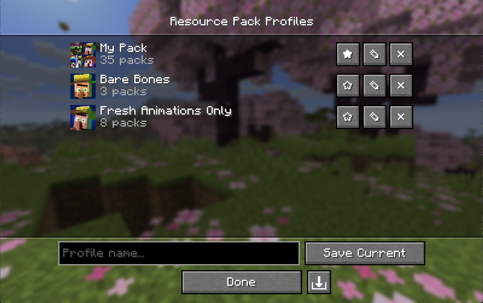 Profile screen showing a list of saved profiles with pack counts and custom icons