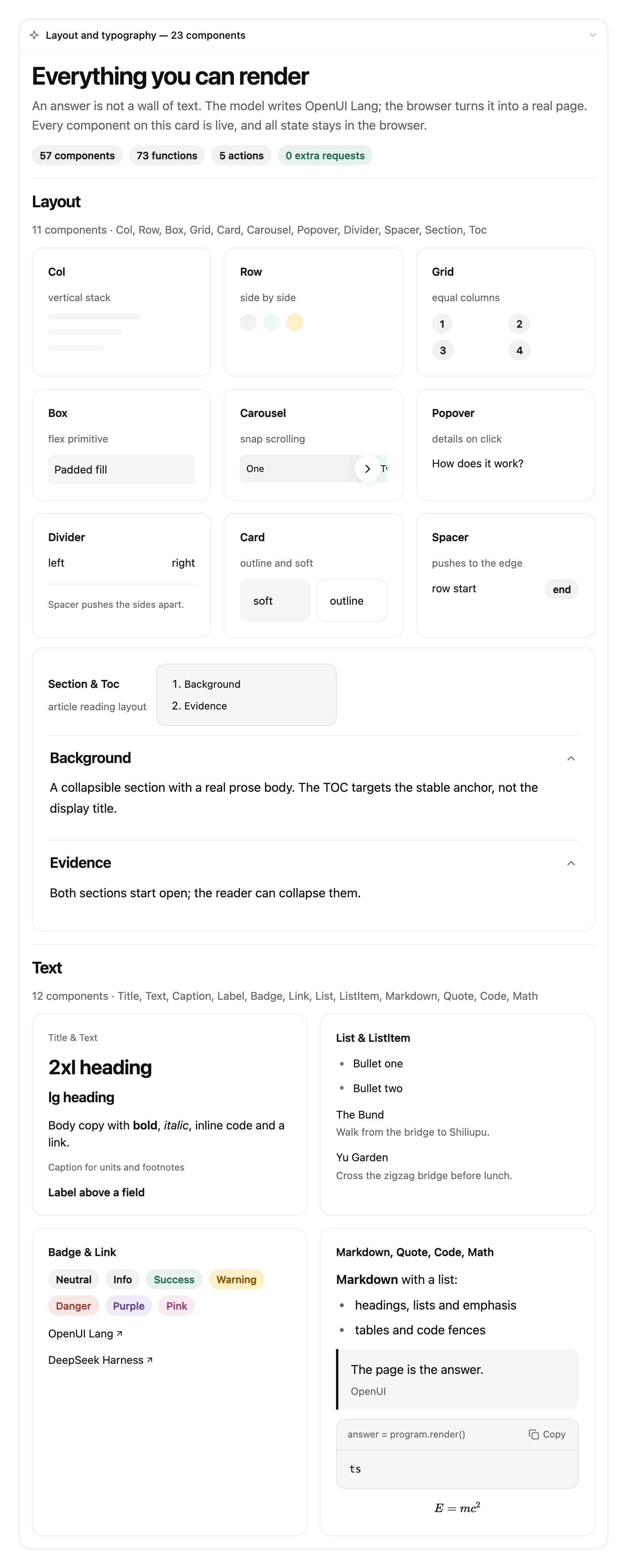 Everything you can render: 57 components, 73 functions and 5 actions, plus the layout (11) and text (12) component groups