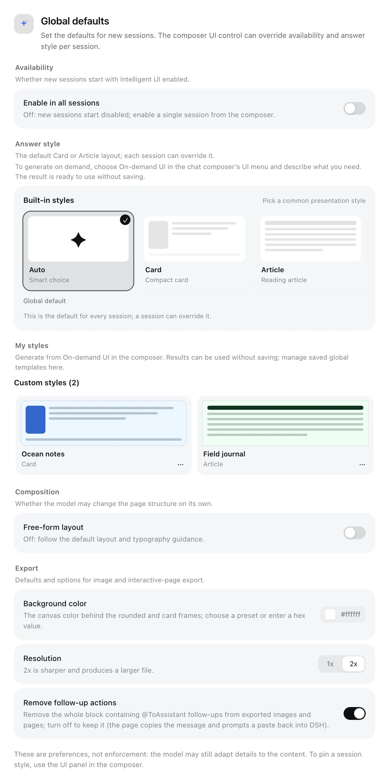 Plugin detail page: availability, answer style, composition and export
