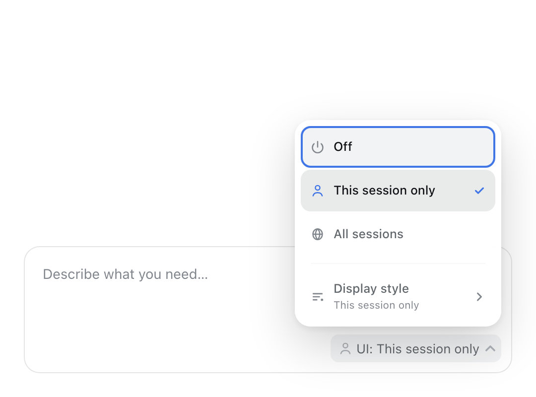 The composer UI control: Off / This session only / Follow global, plus Display style below an inset divider