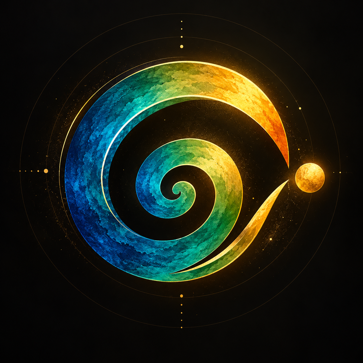 Signe des Récits Vivants : une spirale ouverte bleu, turquoise et or prolongée par un point lumineux