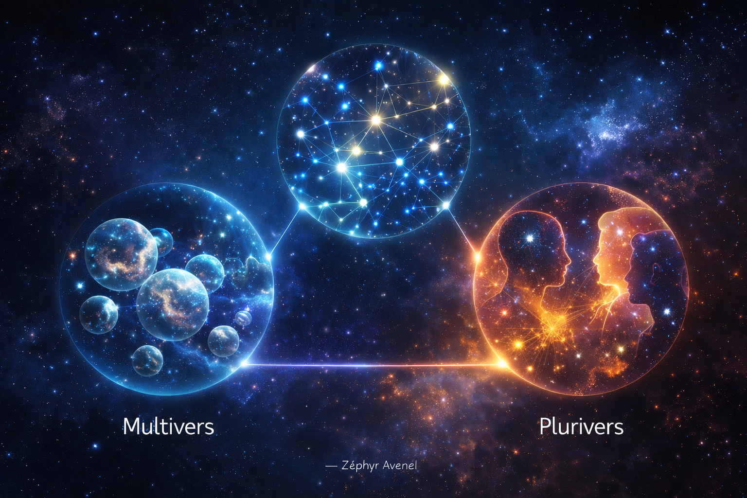 Illustration cosmique reliant Multivers, réseau relationnel et Plurivers