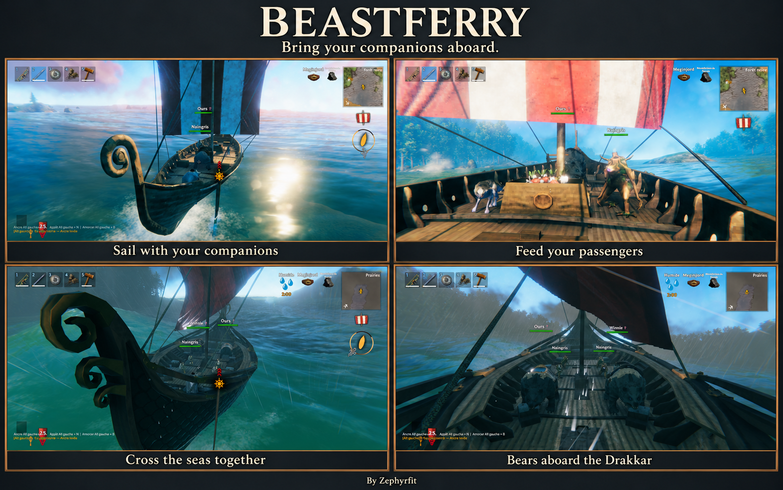 Beastferry — companions sailing aboard a Longship and Drakkar, with an onboard feeding trough