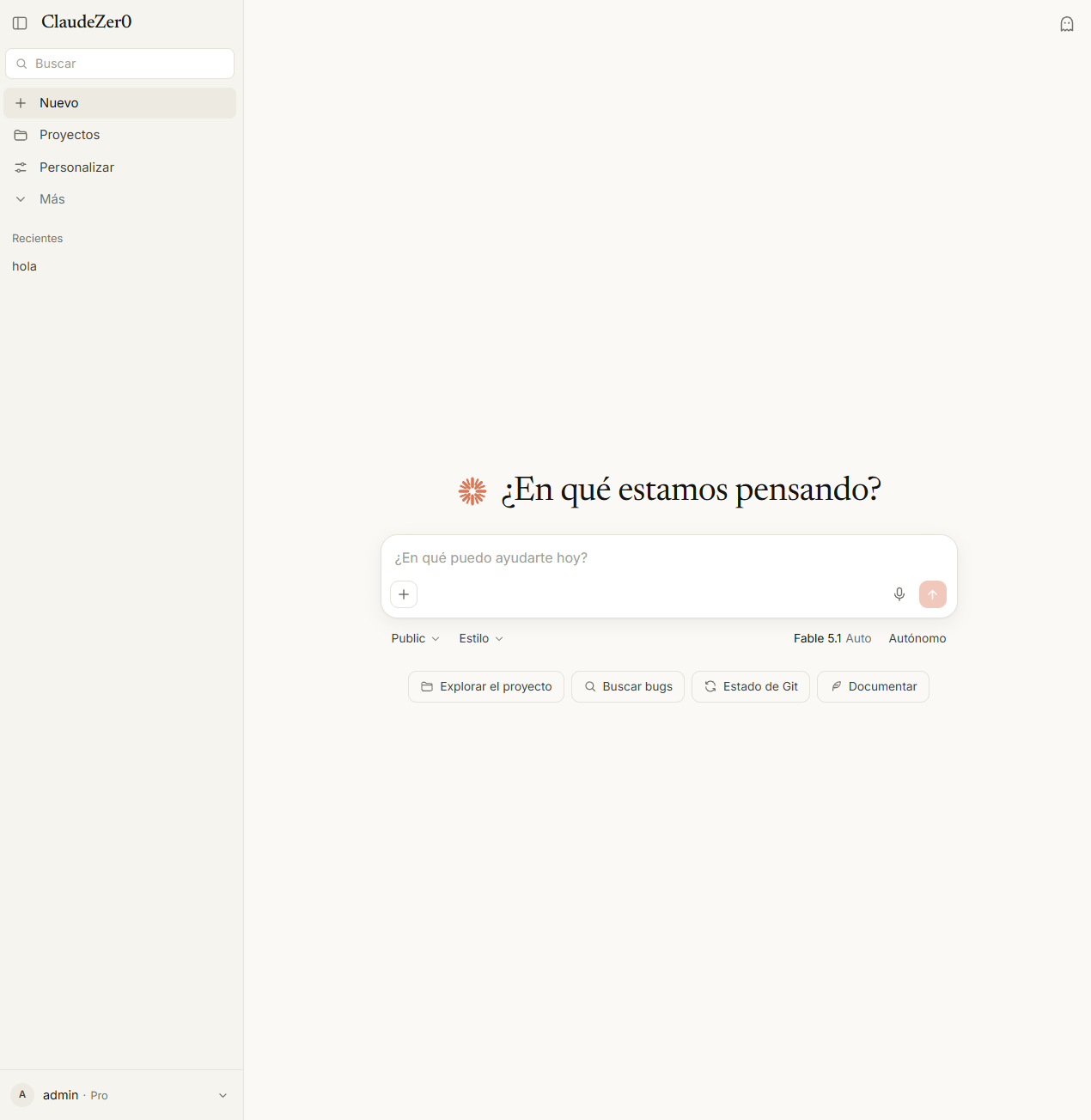 ClaudeZer0: pantalla de inicio con barra lateral, saludo y selector de modelo
