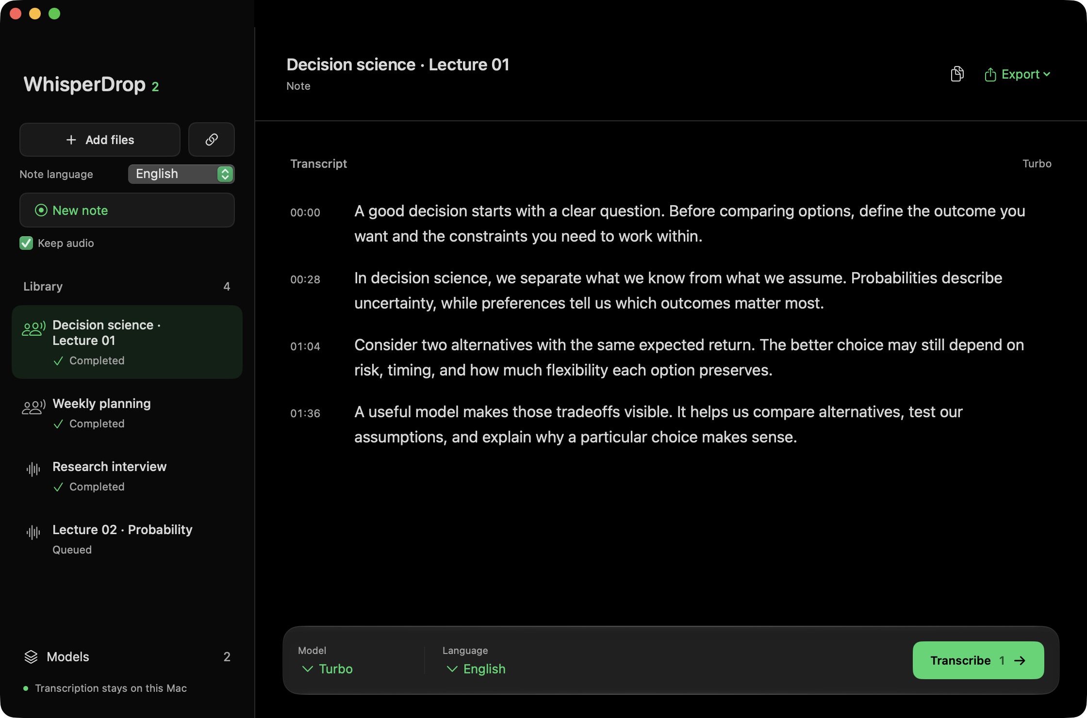 WhisperDrop 2 showing a lecture transcript, saved notes and transcription controls