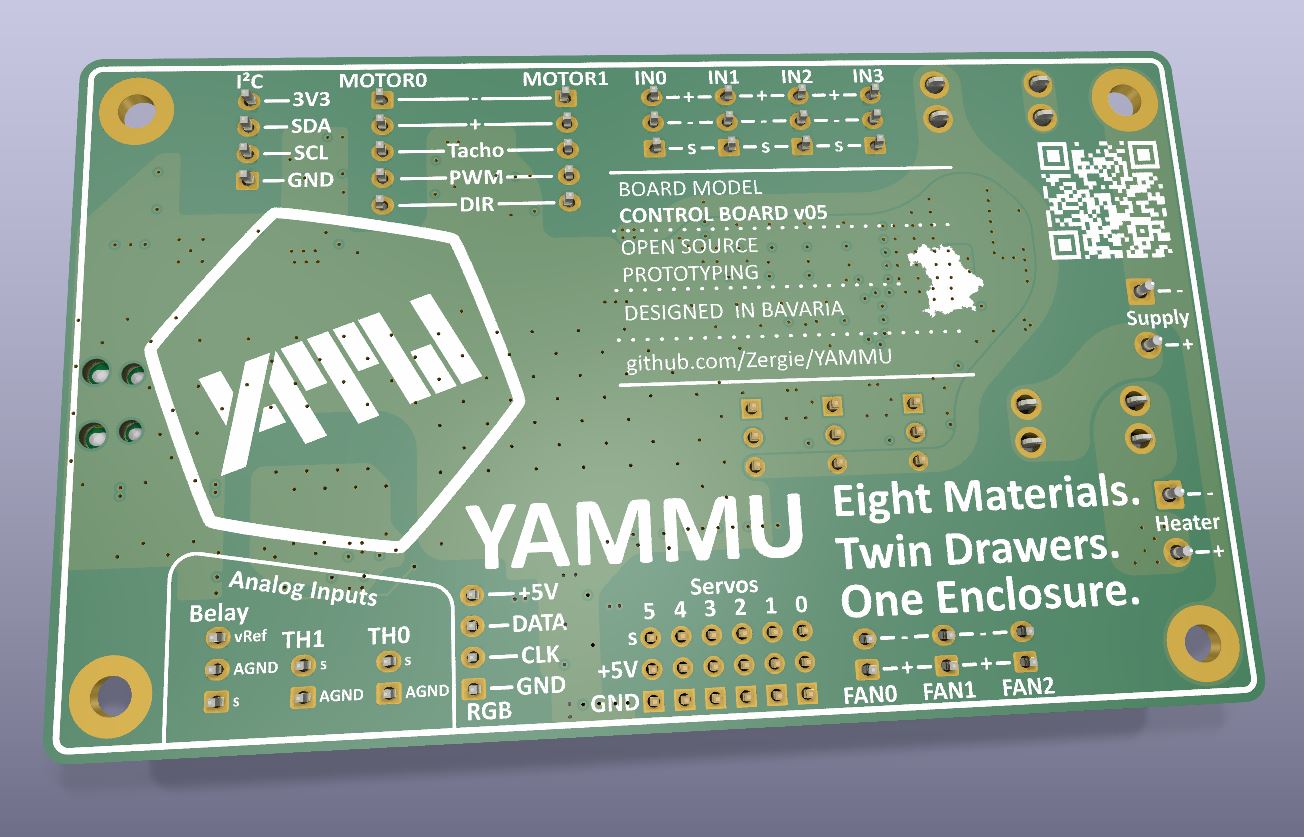 3D render of the YAMMU Control Board solder side and connector labels