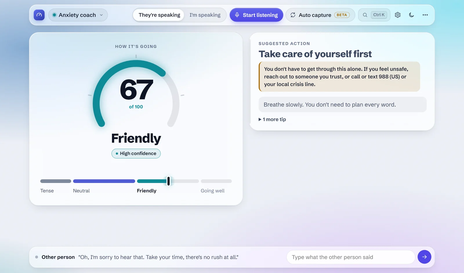 Anxiety coach showing Take care of yourself first, with a pointer to 988 or a local crisis line