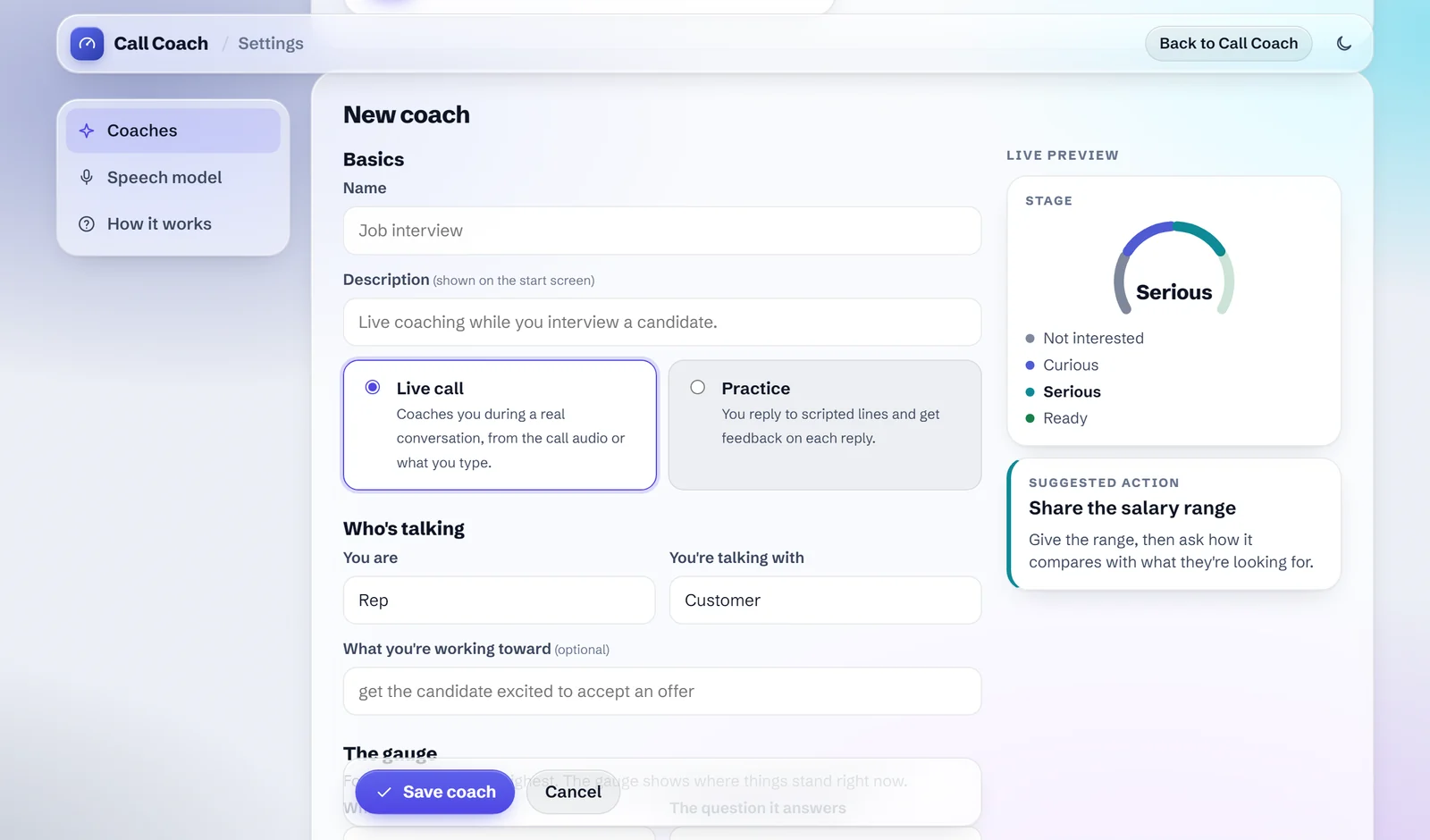 The New coach form in Settings with a live preview of the gauge and next step