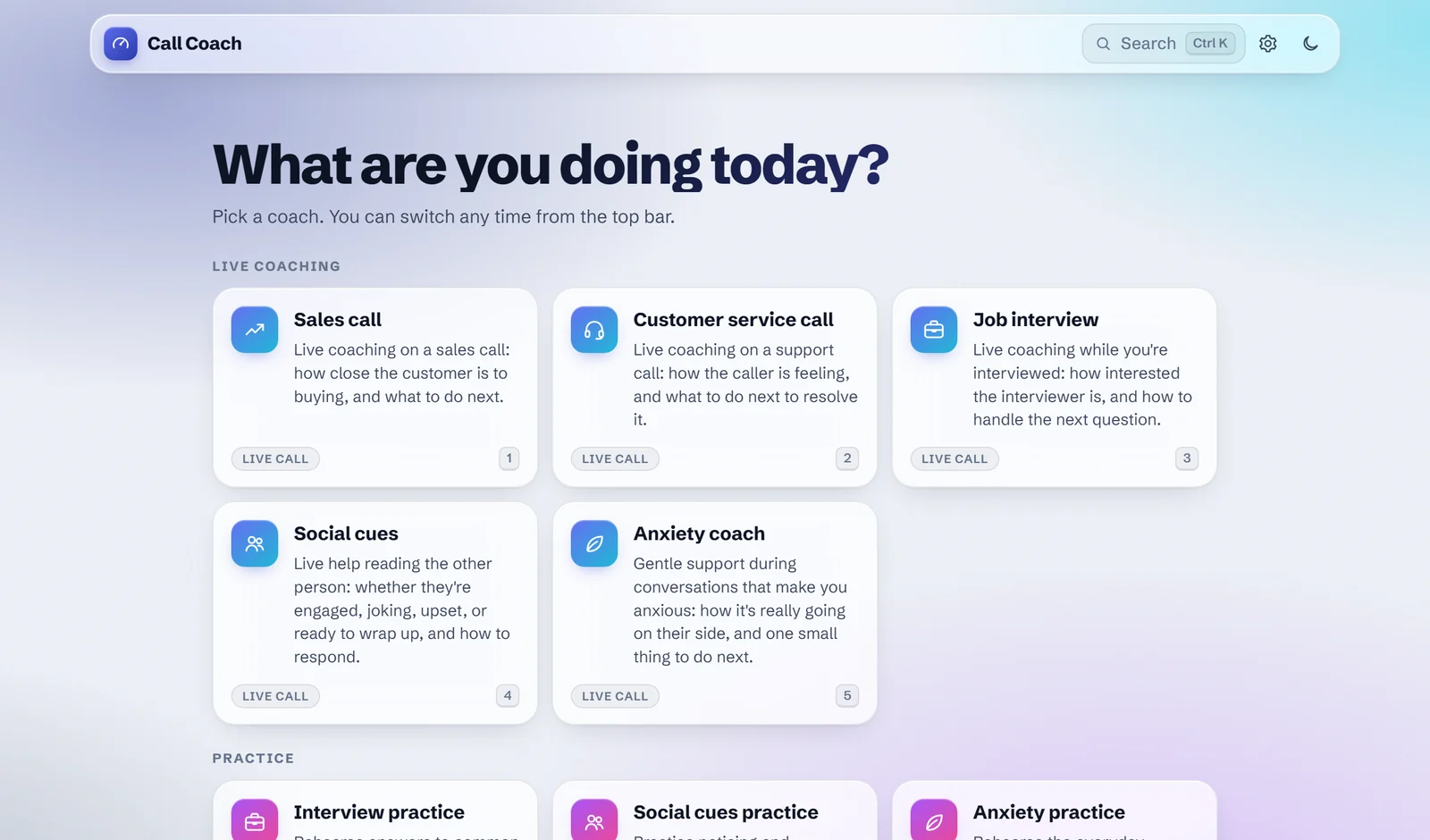 The start screen: pick a live coach or a practice coach