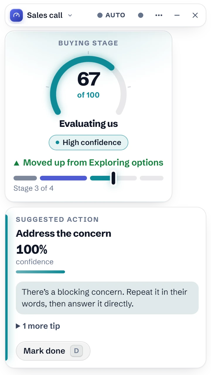The floating window on a sales call: the gauge at 67 and the suggested action Address the concern