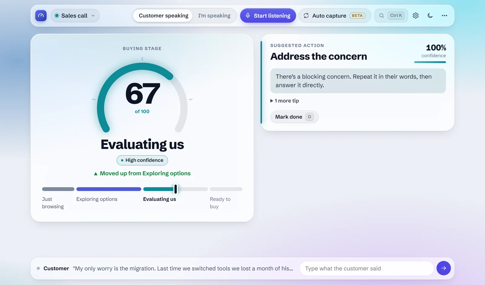 Live coaching on a sales call. The gauge reads 67, "Evaluating us", and the suggested action is "Address the concern".