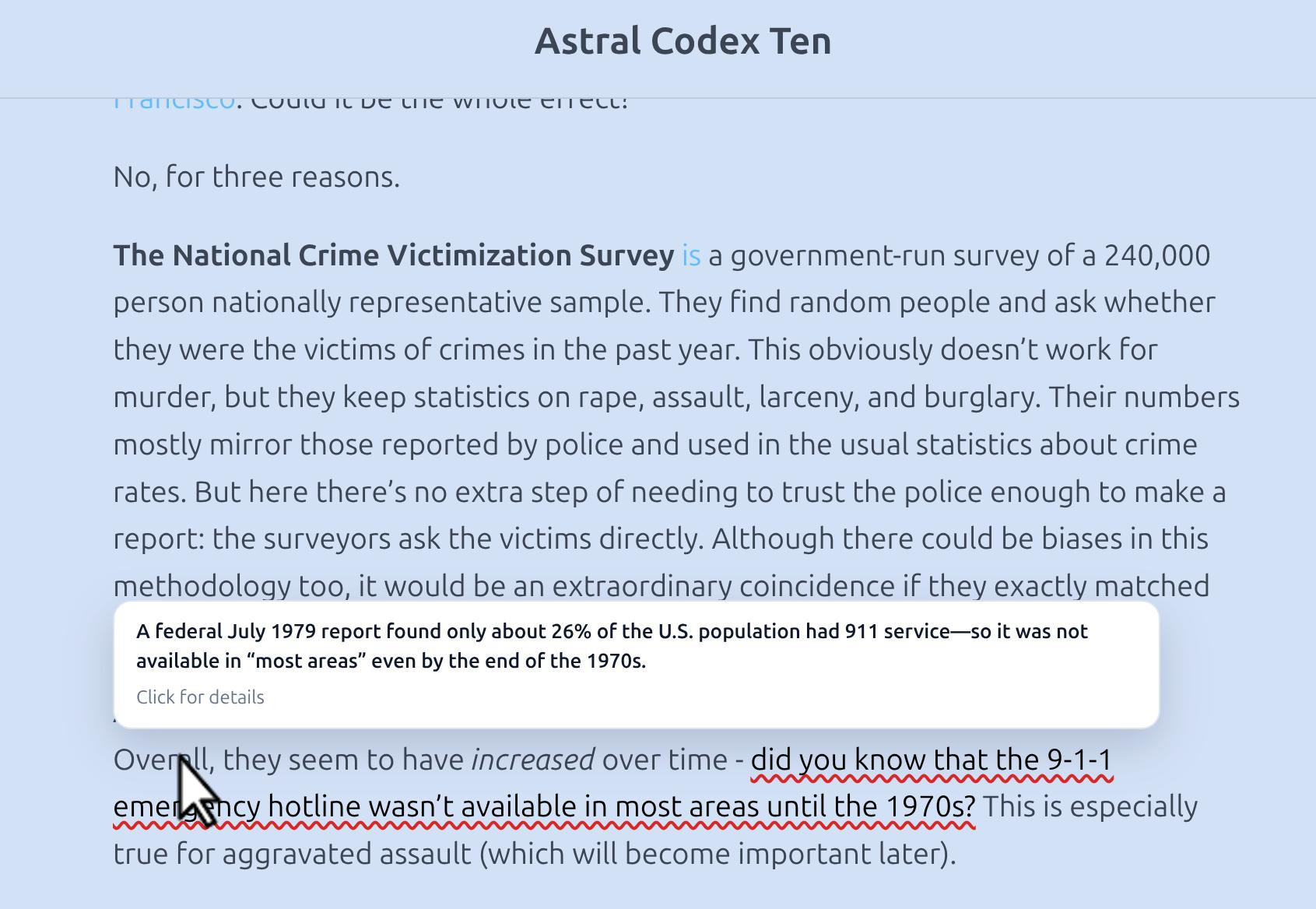 OpenErrata highlighting an incorrect claim on Astral Codex Ten with a hover tooltip showing the correction and source