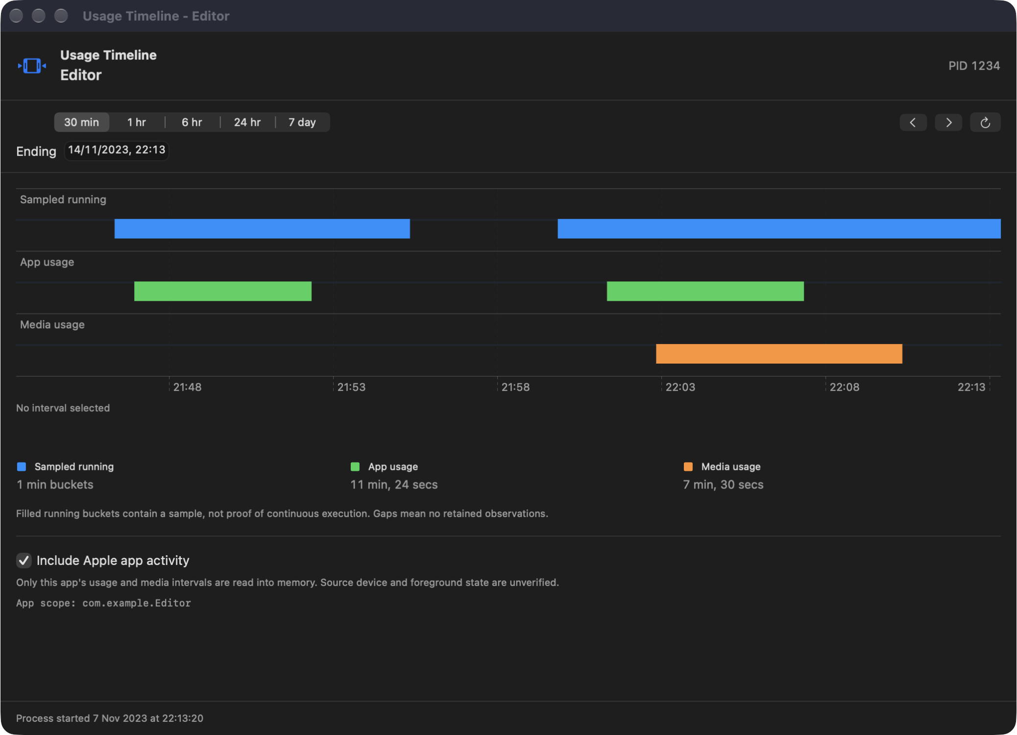 Usage Timeline showing sampled running, app activity, and media activity separately