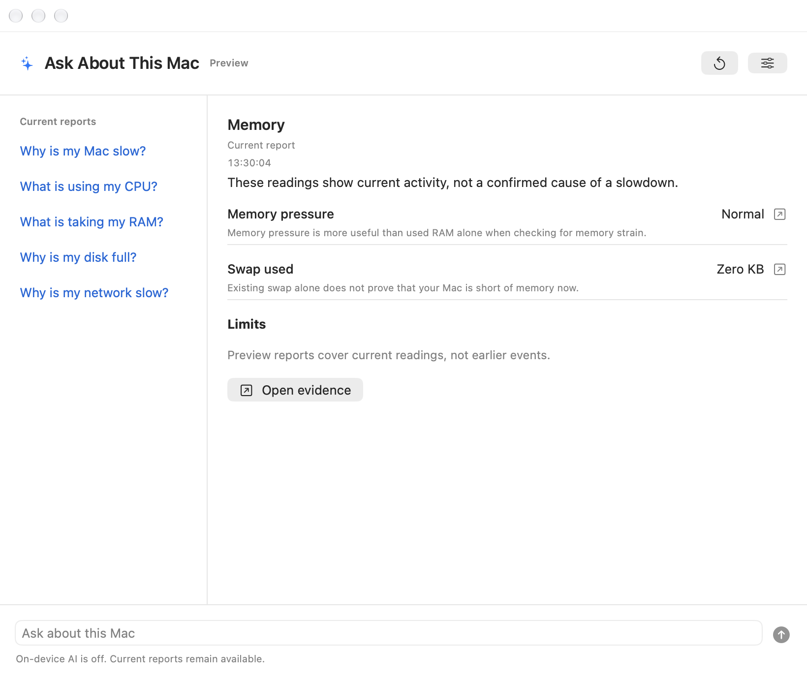 Ask Preview showing a current memory report with on-device AI off