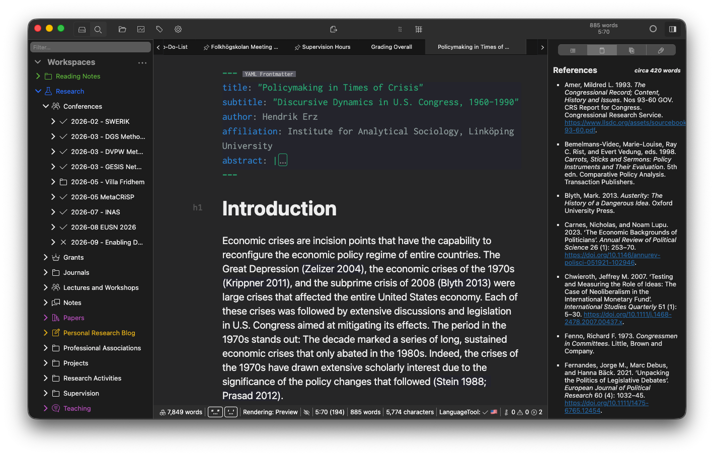 The central window of Zettlr using the dark theme