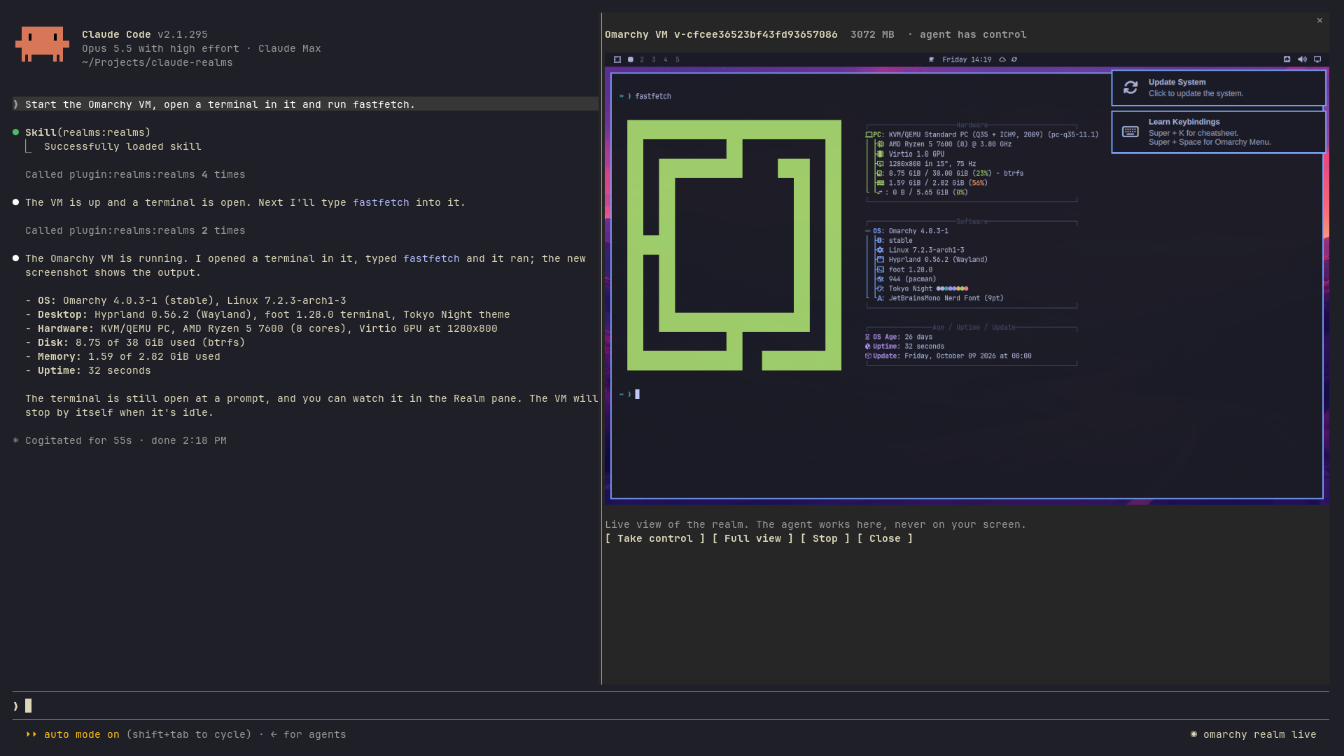 Claude testing the Omarchy VM in Ghostty, with the live Realm pane on the right