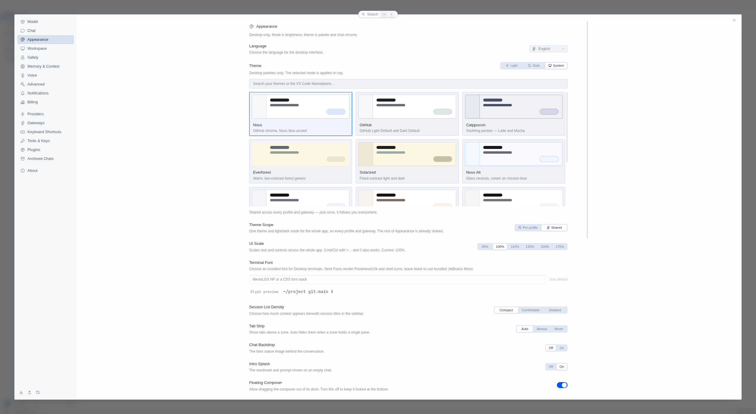 Appearance page with Theme Scope