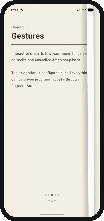 The sample app on an Android emulator: dragging pages forward and back with the curl following the finger