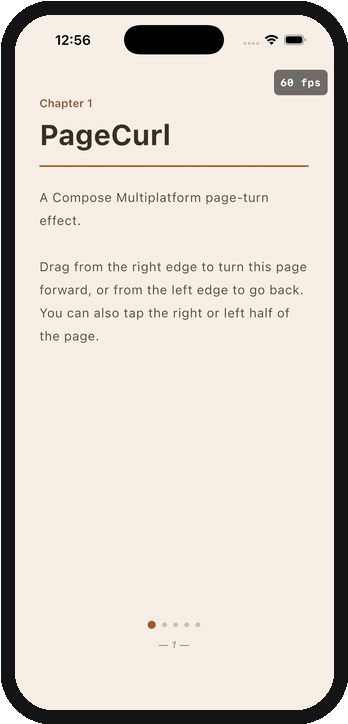 The sample app curling pages on an iOS simulator at 60 fps