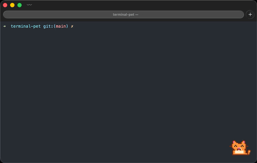 terminal-pet reacting to commands in Terminal.app: happy after a success, sad after a failure, eating after pet feed, and a speech bubble from pet say