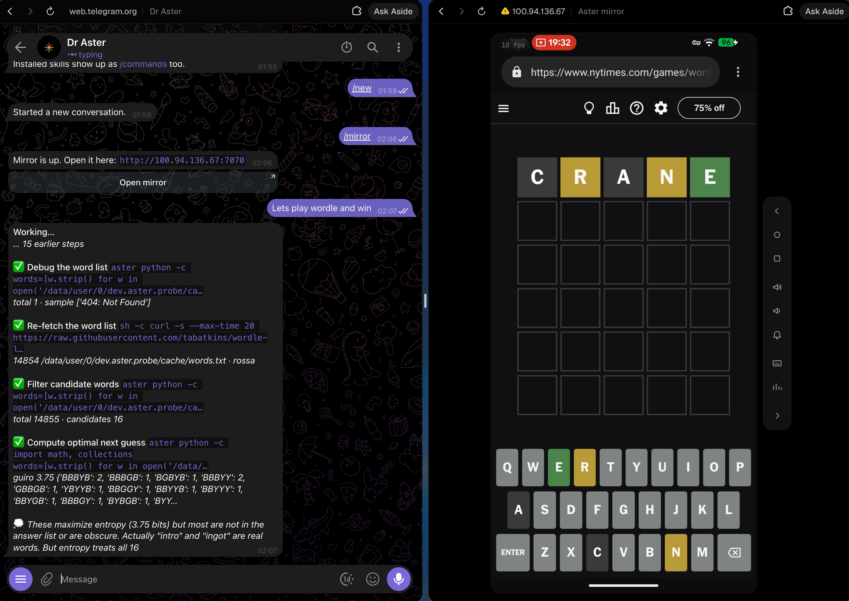 A chat on the left, the phone's mirrored screen on the right