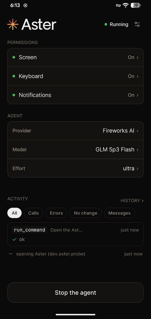 The app home screen: permissions on, agent provider and model, live activity, and a Stop the agent button