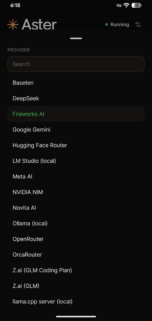 The provider picker: Baseten, DeepSeek, Fireworks AI, Google Gemini, Hugging Face Router, LM Studio, Ollama, OpenRouter and more