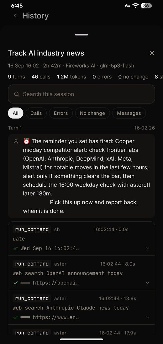 A session in the History screen with each run_command and its timing