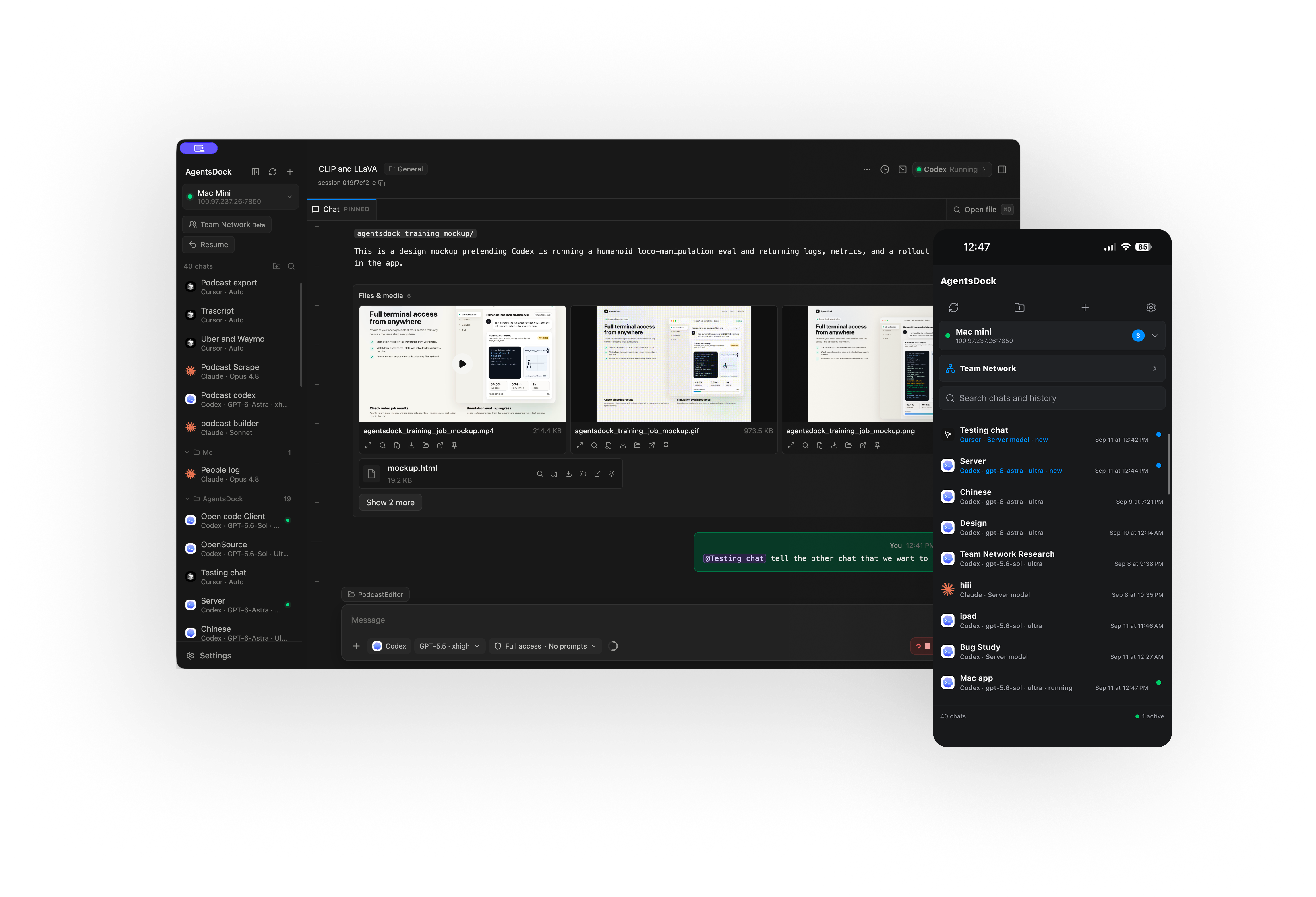 AgentsDock desktop and mobile apps showing agent chats and file previews