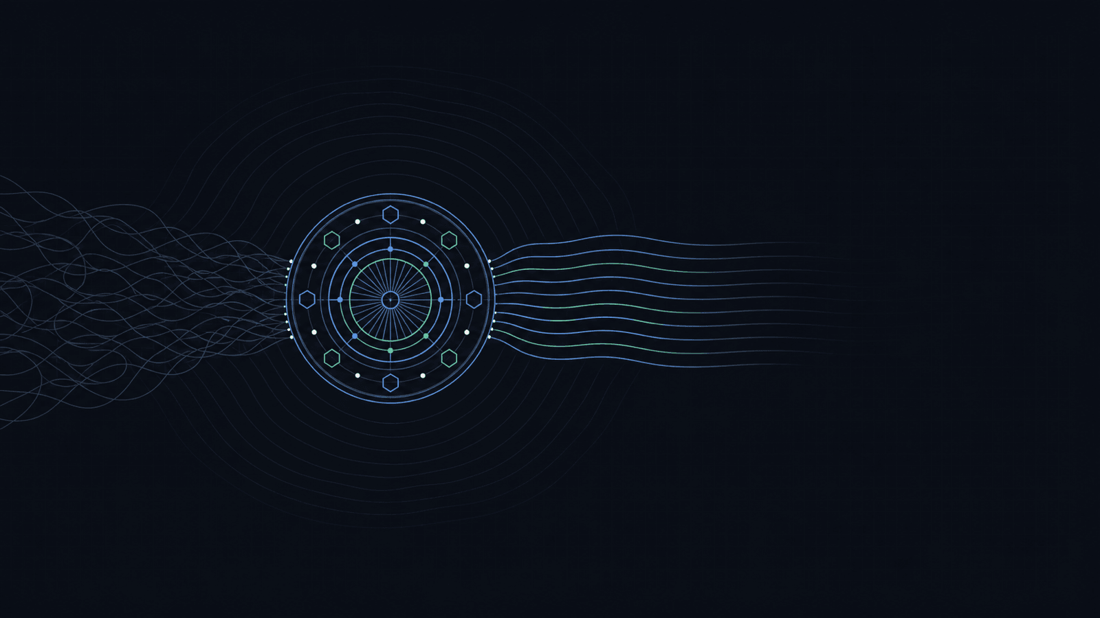 Abstract illustration: a tangle of chaotic grey threads enters a small precision mechanism and leaves as evenly spaced blue and green ribbons