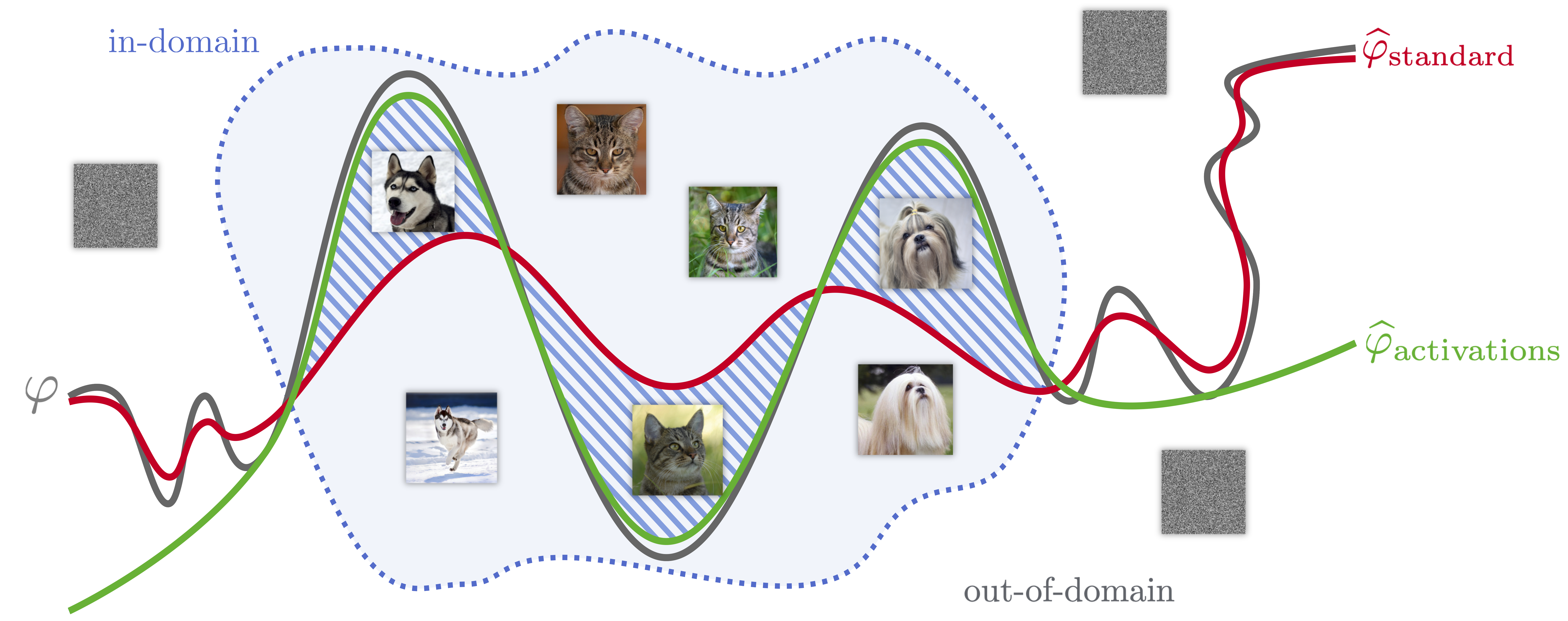 Illustration of our method. We approximate a binary classifier $\varphi$ that labels images $x$ as dogs or cats by quantizing its weights.
    \textbf{Standard method}: quantizing $\varphi$ with the standard objective function \eqref{eq:pq_obj} leads to a classifier $\widehat \varphi_{\text{bad}}$ that tries to approximate $\varphi$ over the entire input space and thus performs badly for in-domains inputs.
    \textbf{Our method}: quantizing $\varphi$ with our objective function \eqref{eq:ours_obj} leads to a classifier  $\widehat \varphi_{\text{good}}$ that performs well for in-domain inputs.
    \benjamin{Maybe move the $\widehat \varphi_{\text{bad}}$ and $\widehat \varphi_{\text{good}}$ labels from the top left corner into the image close to the respective lines. Then the $\phi(x)$ can come down a little.