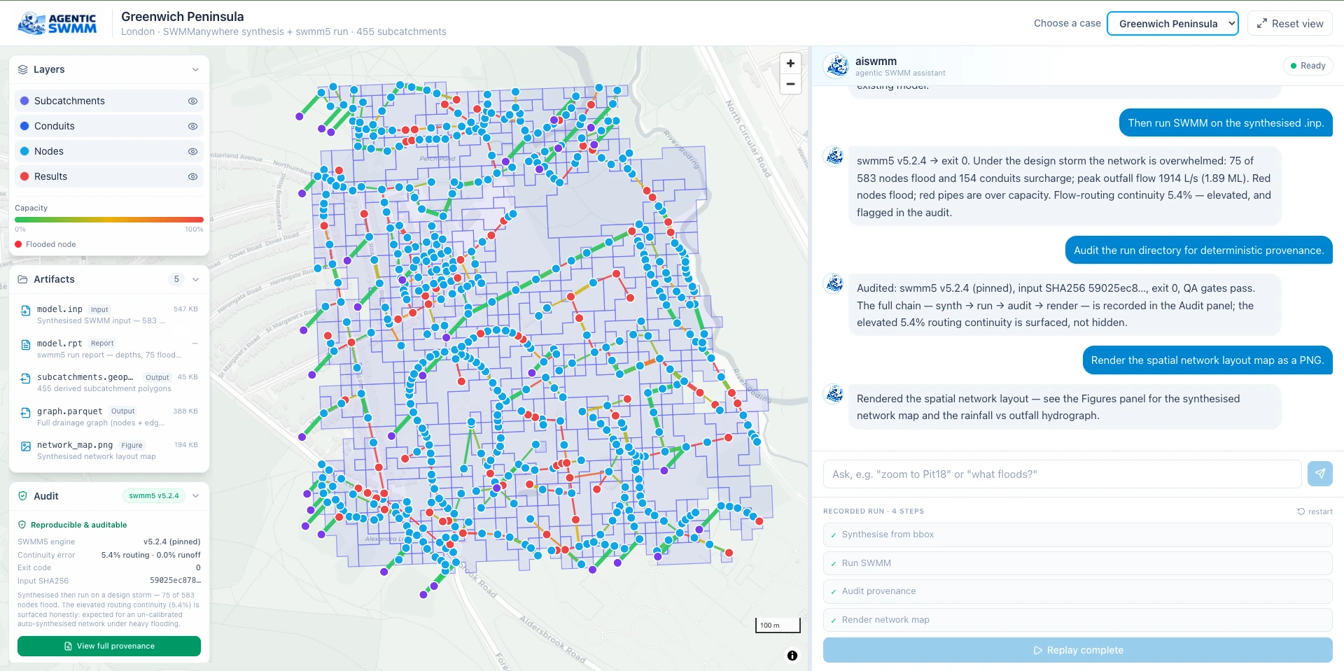 Agentic SWMM live demo (Greenwich Peninsula): synthesised network on a map, agent chat, artifacts (model.inp, model.rpt, subcatchments.geojson, graph.parquet, network_map.png), and a deterministic audit record