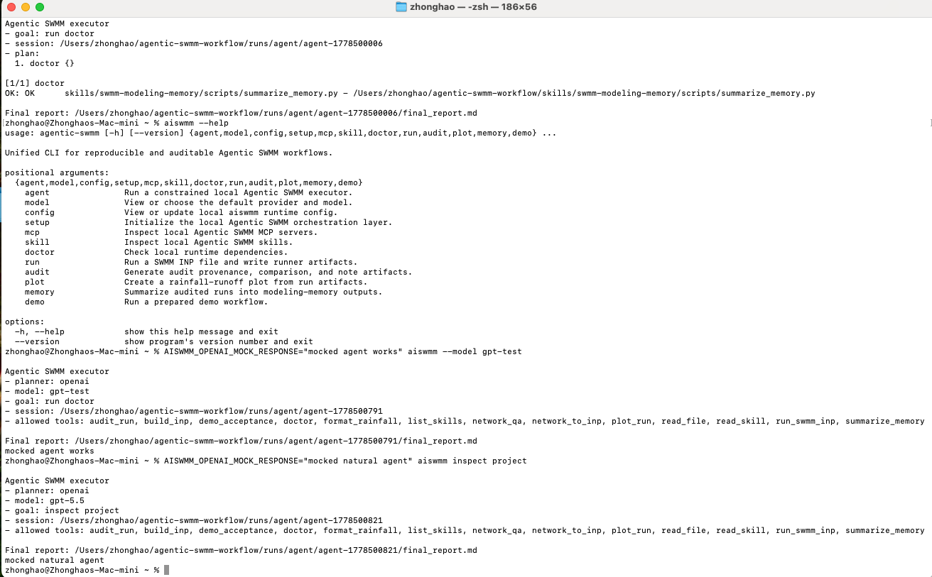 Agentic SWMM v0.6.0 runtime smoke test showing aiswmm help and mocked agent execution